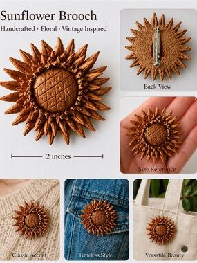 Vintage leather Sunflower Brooch Pin — Floral Accent